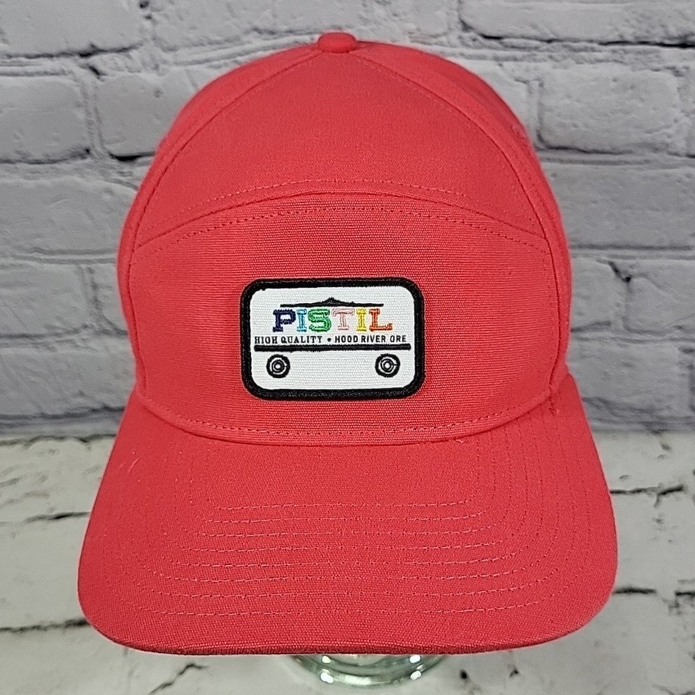 Pistil 5-Panel Camp Hat Unisex O/S Pinkish Red Canvas Brand Patch Strapback Cap‎